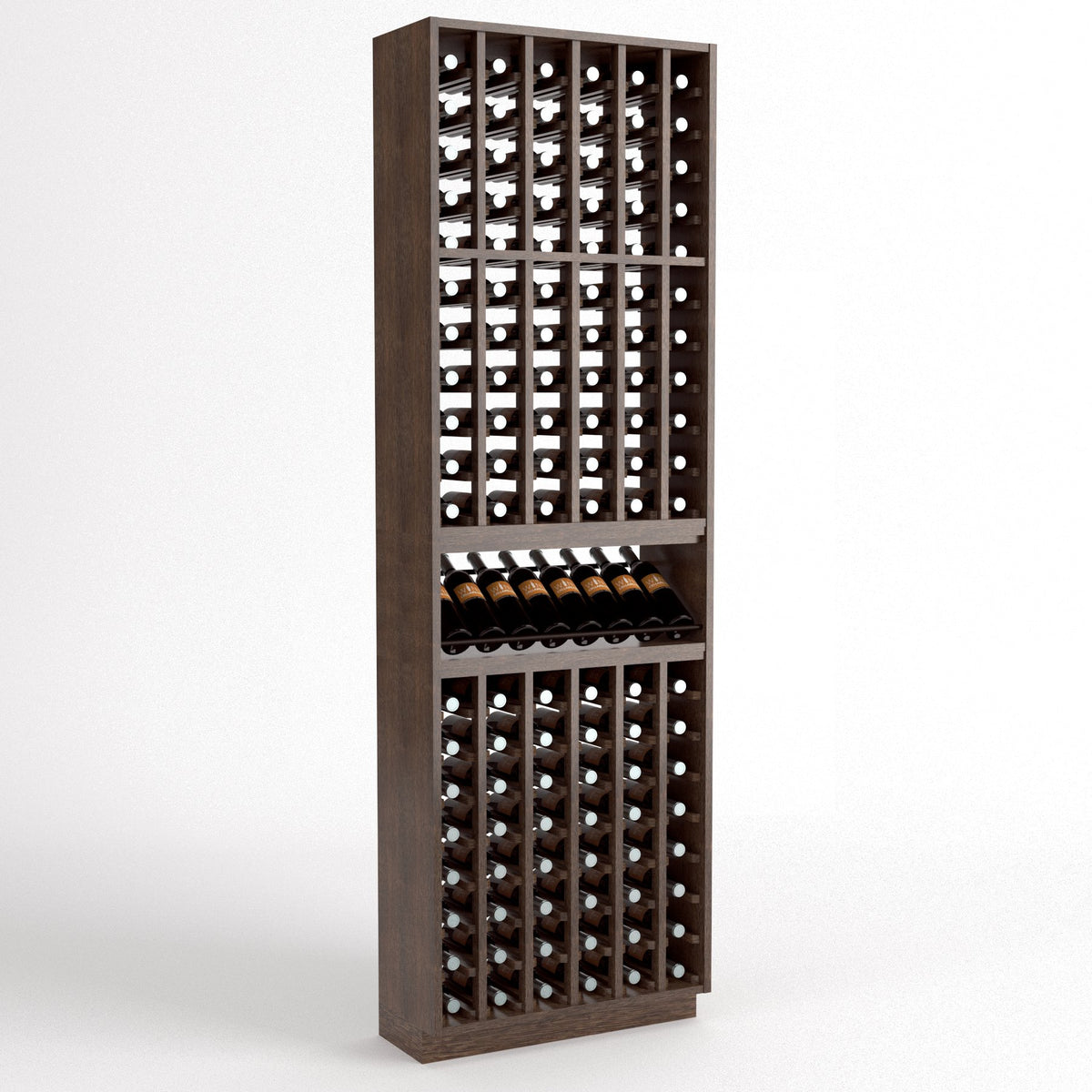 Front view of a dark wood wine bottle display rack with stacked bottle compartments