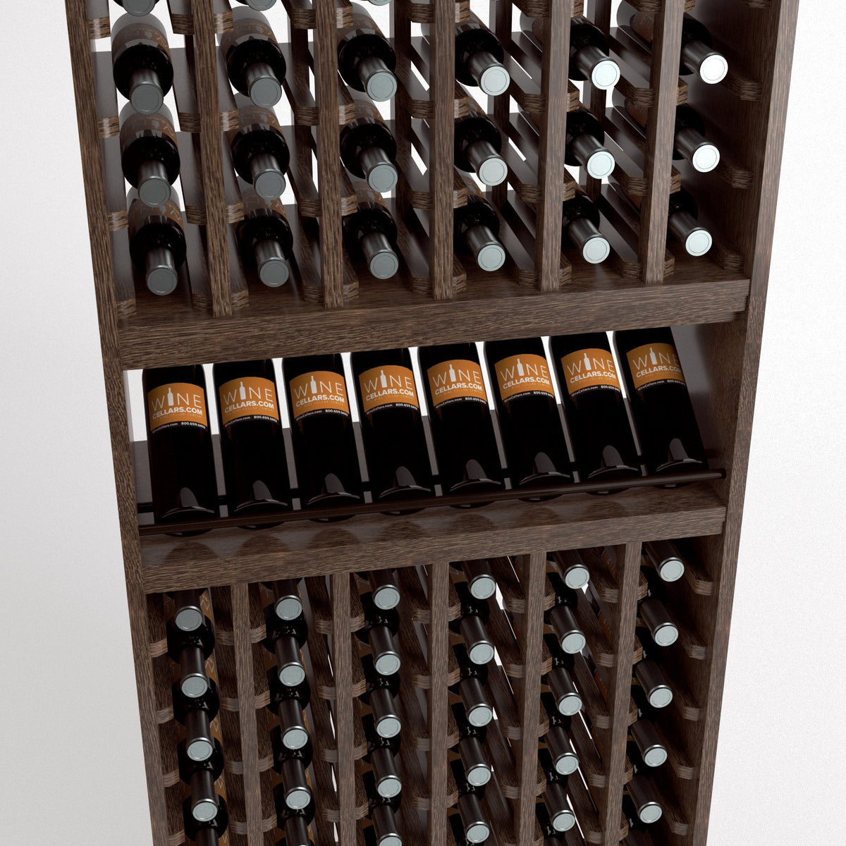 Wood wine bottle rack close-up with upright bottles and rows of display compartments
