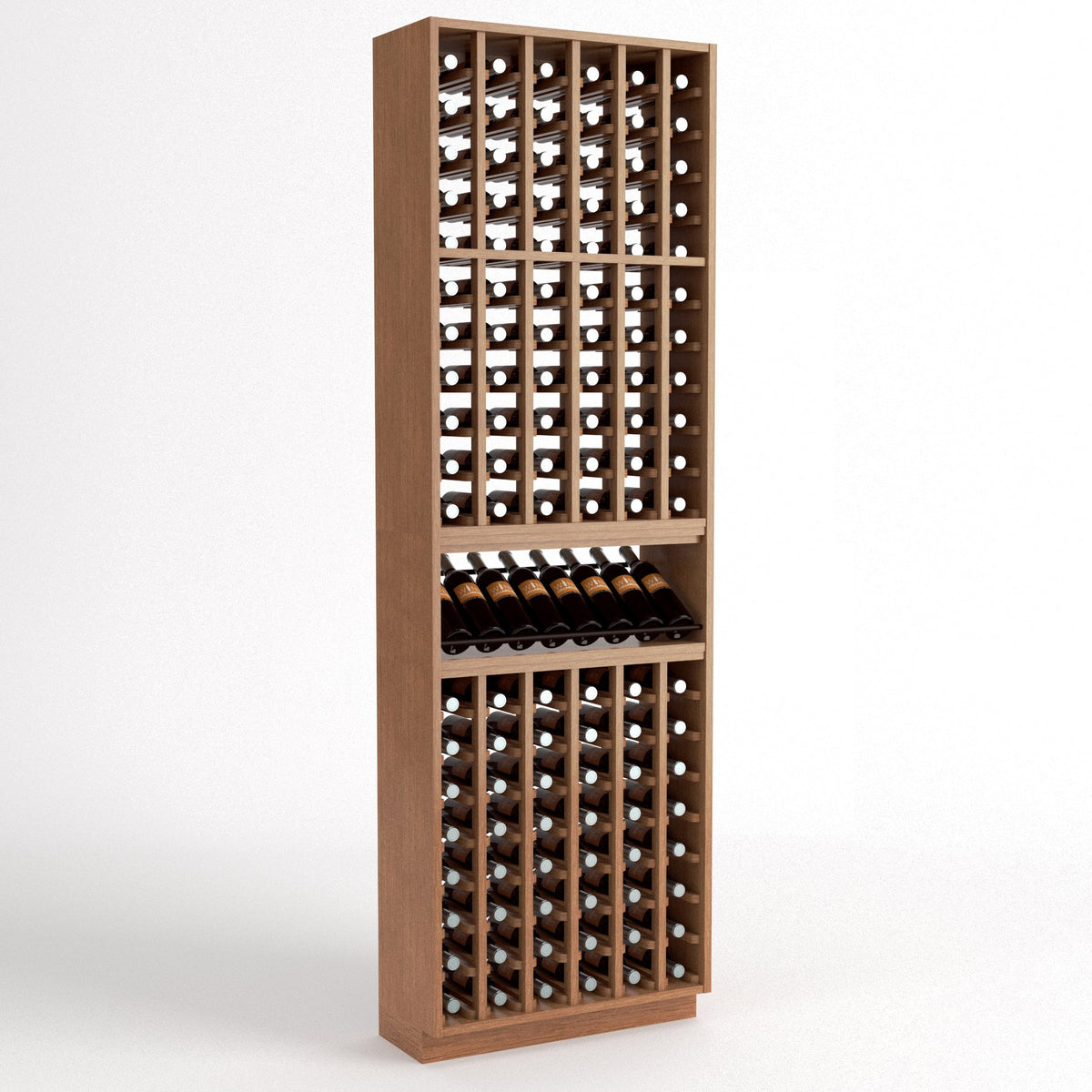 Light brown wood wine bottle cellar rack with bottle slots and center wine display shelf