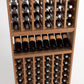 Six-column wooden wine rack with bottle cubbies in three stacked rows