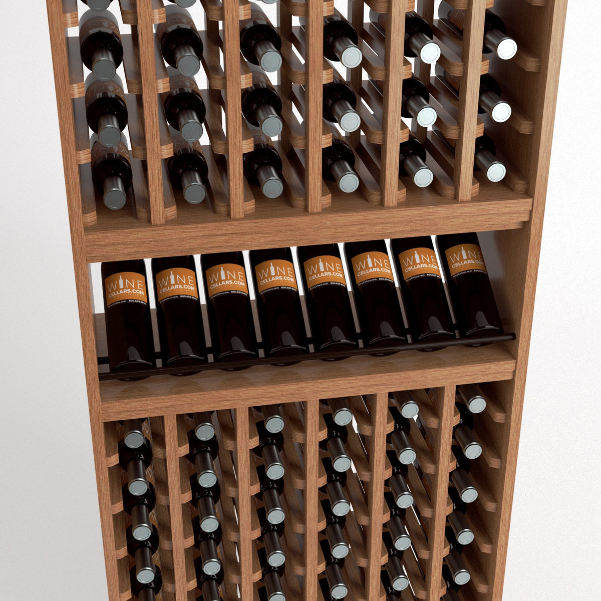 Six-column wooden wine rack with bottle cubbies in three stacked rows