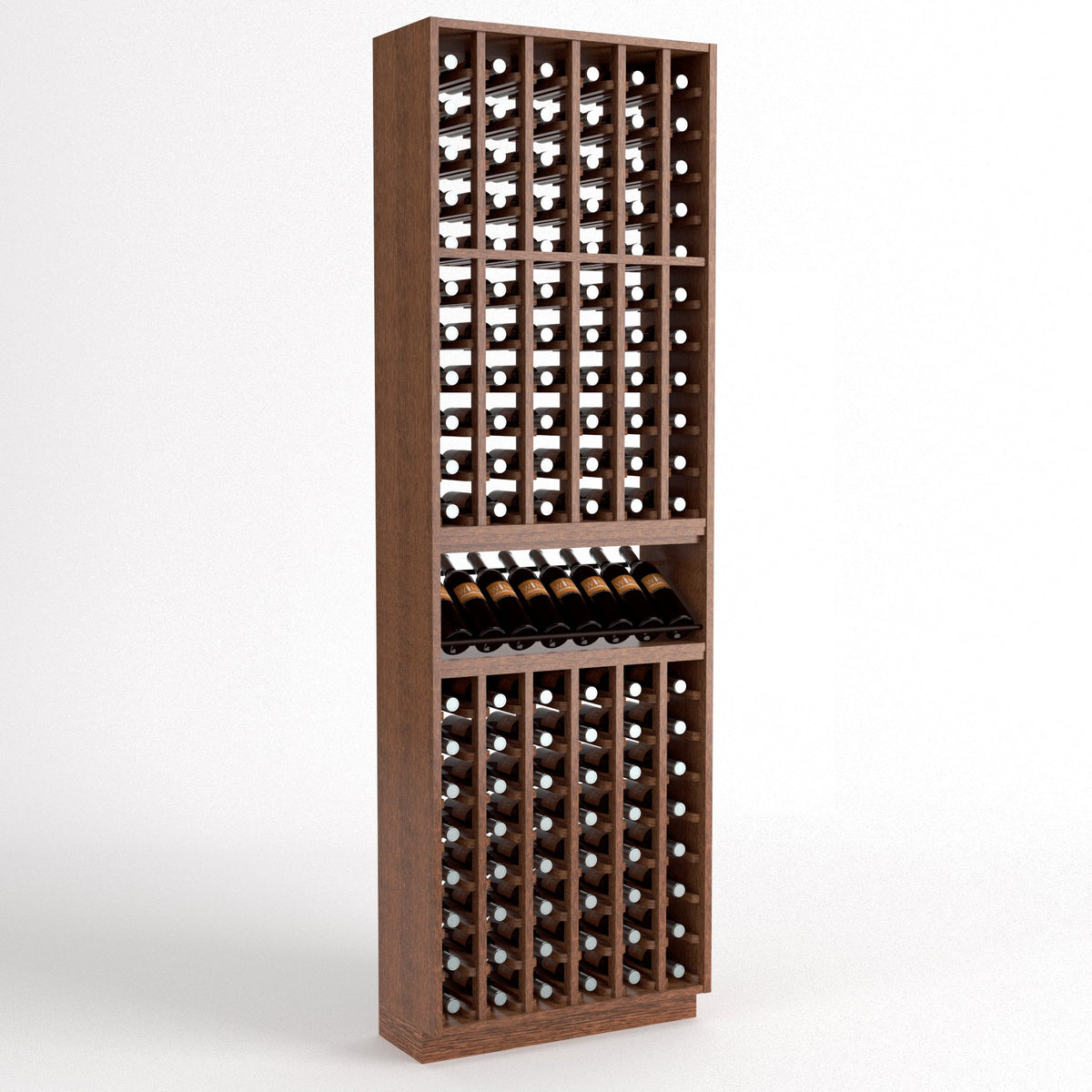 Medium brown wood wine bottle cellar rack with bottle slots and a center wine display shelf