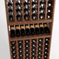 Six-column wooden wine rack with bottle slots, plus middle and lower display shelves