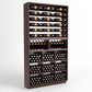 Dark wood wine rack with bottle rails and square wine storage bins