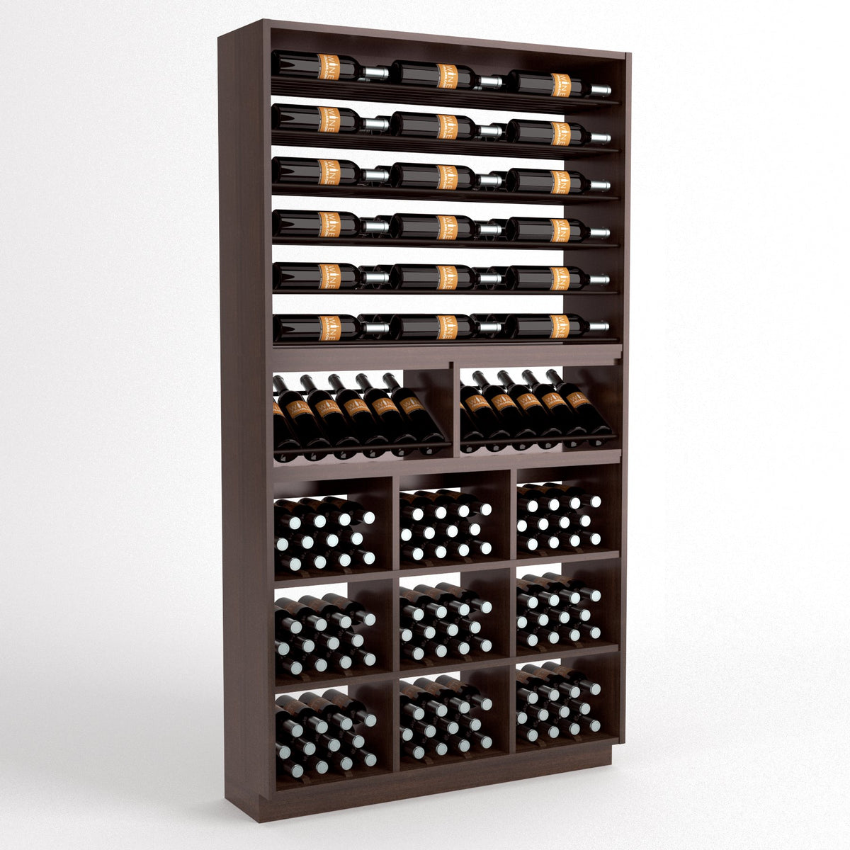 Dark wood wine rack with bottle rails and square wine storage bins