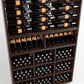 Dark wood wine rack interior showing bottle rails and cubby bins for bottles