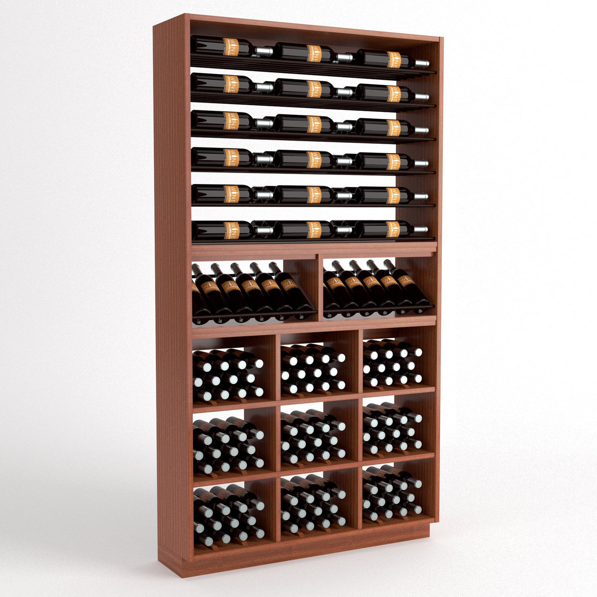 Wood wine rack with bottle display rails and square cubby wine storage bins