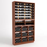 Wood wine rack with bottle display rails and square cubby wine storage bins