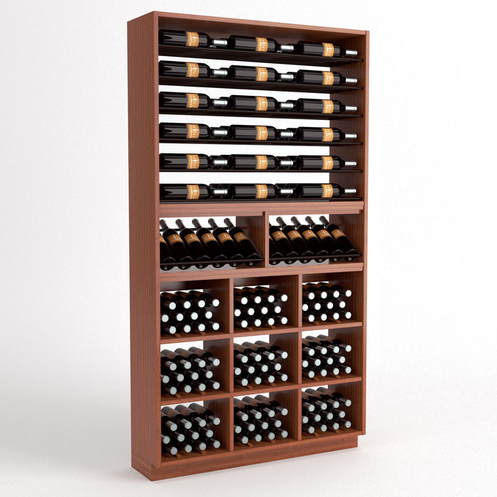 Wood wine rack with bottle display rails and square cubby wine storage bins