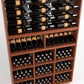 Wood wine rack close-up with bottle rails above and cubby bins below
