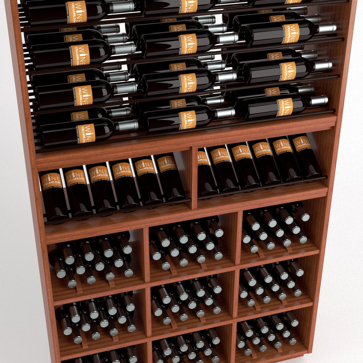 Wood wine rack close-up with bottle rails above and cubby bins below