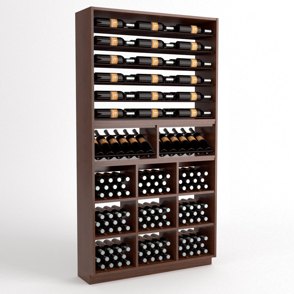 Dark wood wine rack standing with bottle rails and cubby wine storage bins