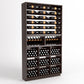 Dark wood wine rack with multiple bottle rails and square storage bins