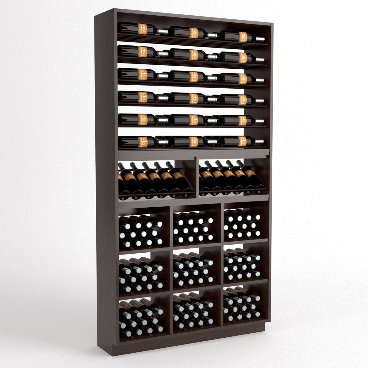 Dark wood wine rack with multiple bottle rails and square storage bins