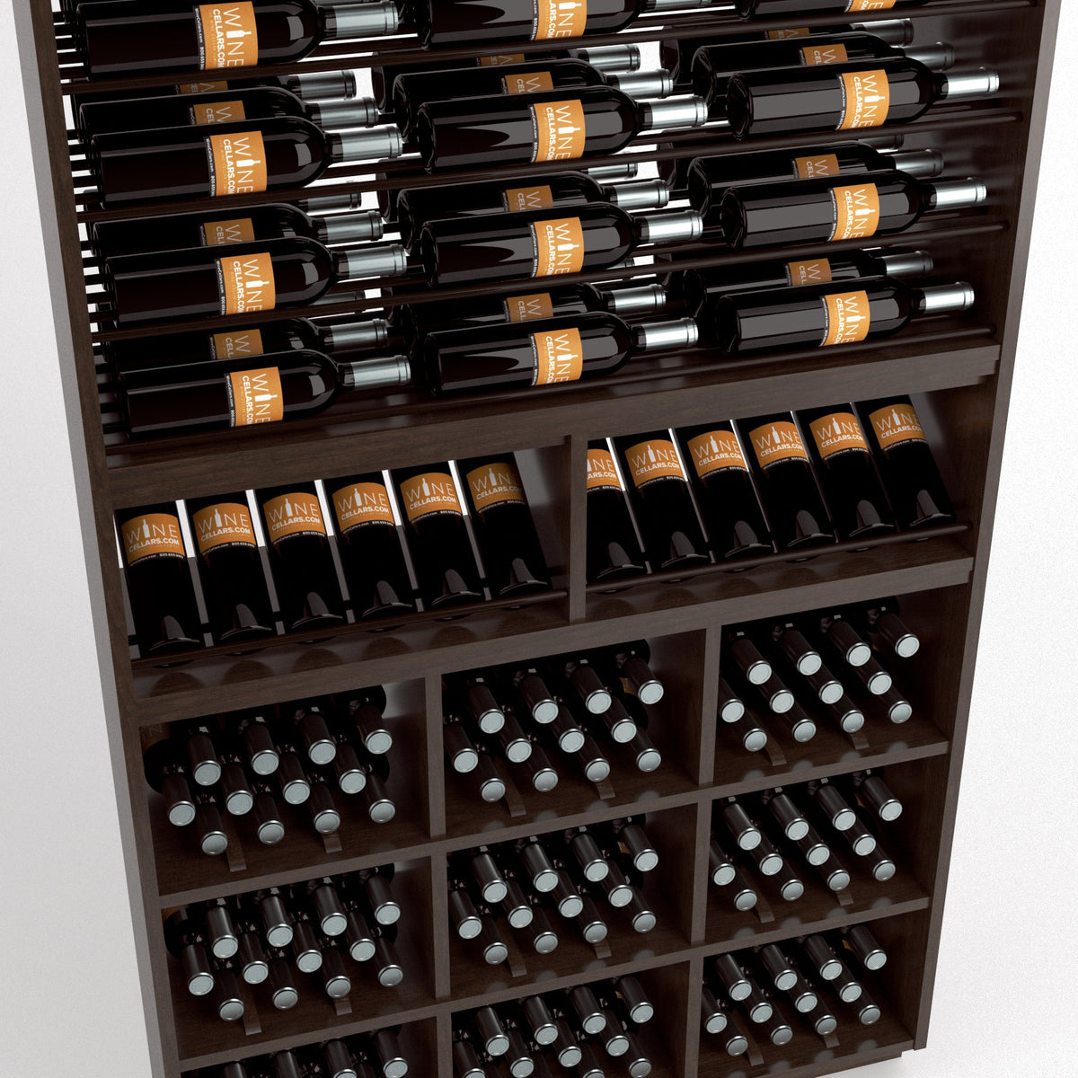 Wood wine rack close-up showing bottle rails and cubby bins with bottles