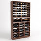 Dark wood wine rack front view with bottle rails and square cubby wine bins