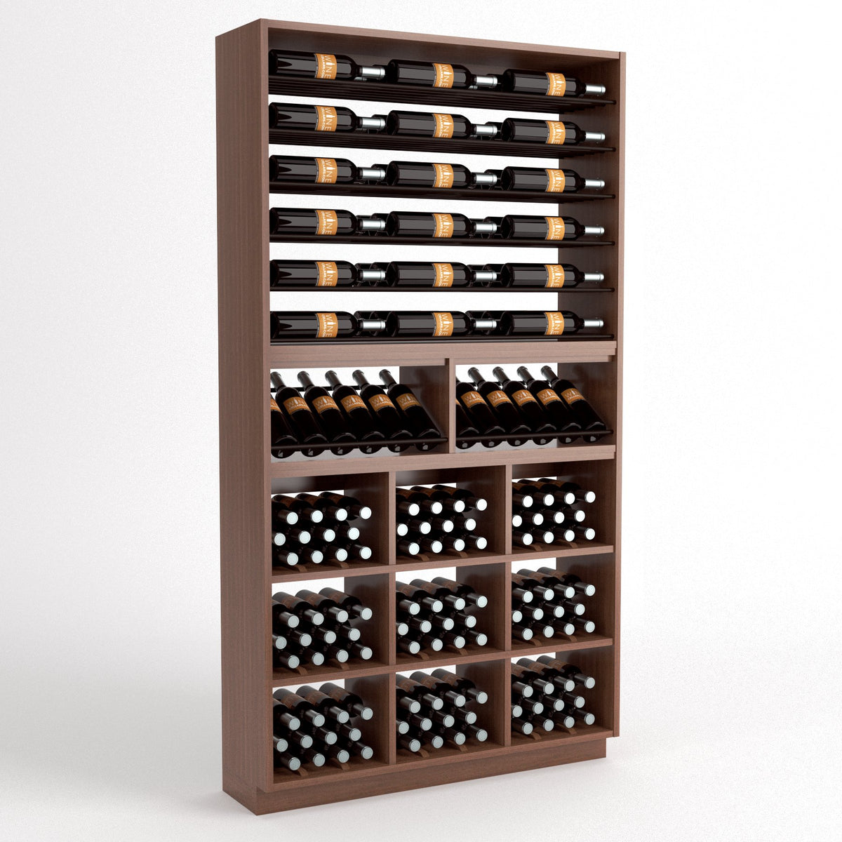 Dark wood wine rack front view with bottle rails and square cubby wine bins