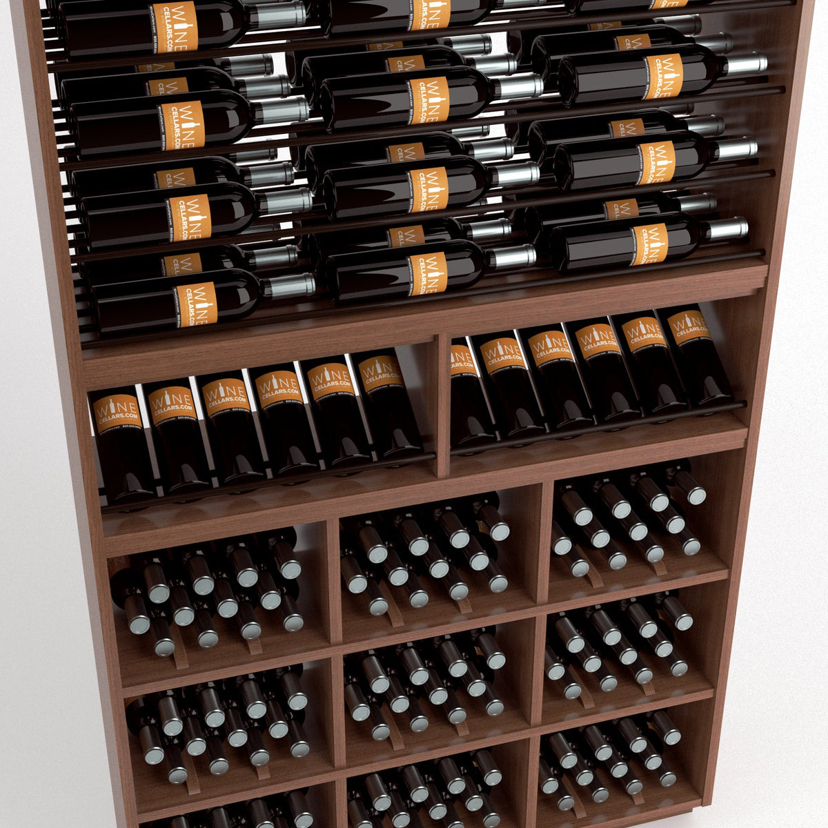 Wood wine rack interior close-up with bottle rails and cubby slots for bottles