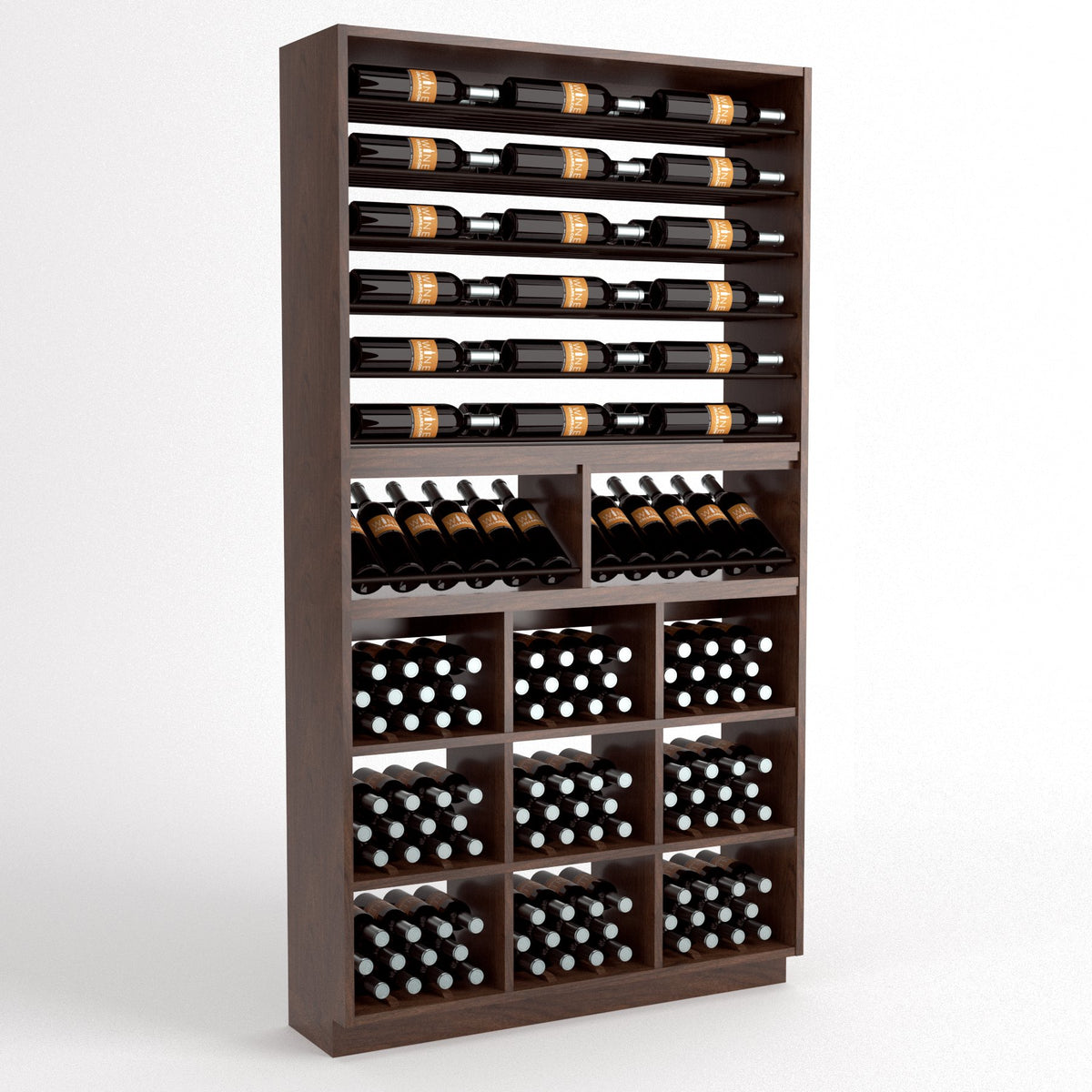 Wood wine bottle display rack with top rails, angled holders, and grid wine bin sections