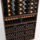 Wood wine rack interior with bottle rails above, row shelves, and square wine bottle compartments