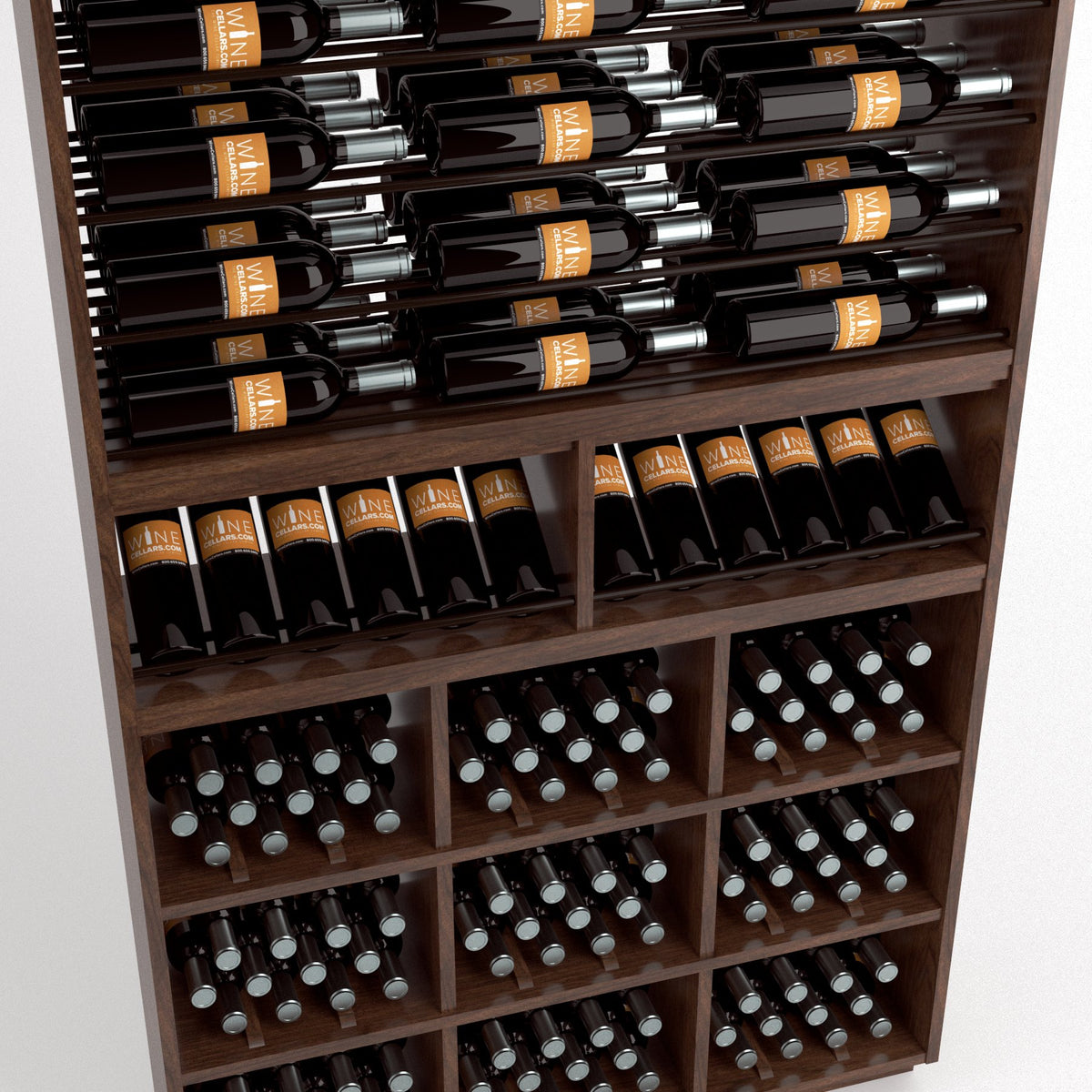 Wood wine rack interior with bottle rails above, row shelves, and square wine bottle compartments