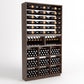 Wood wine bottle display cabinet with top rails, double row cradles, and cubby wine bins