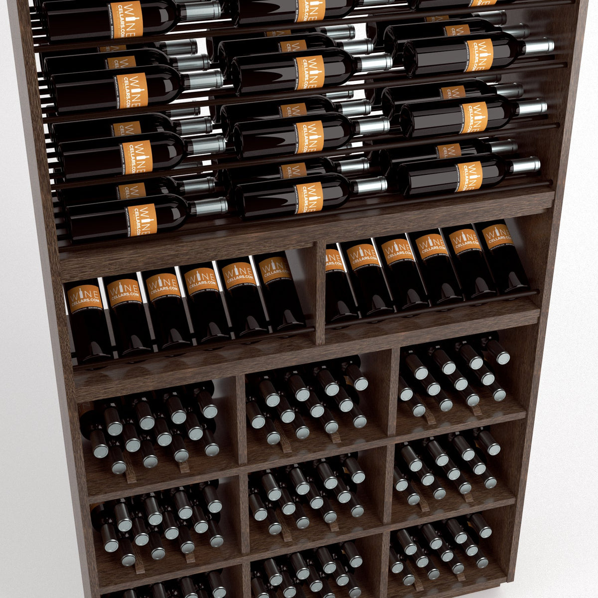 Wood wine rack showing bottle rails, middle shelf rows, and multiple square corker-style bins