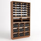 Wood wine bottle display unit with top bottle rails, angled cradles, and cube wine compartments
