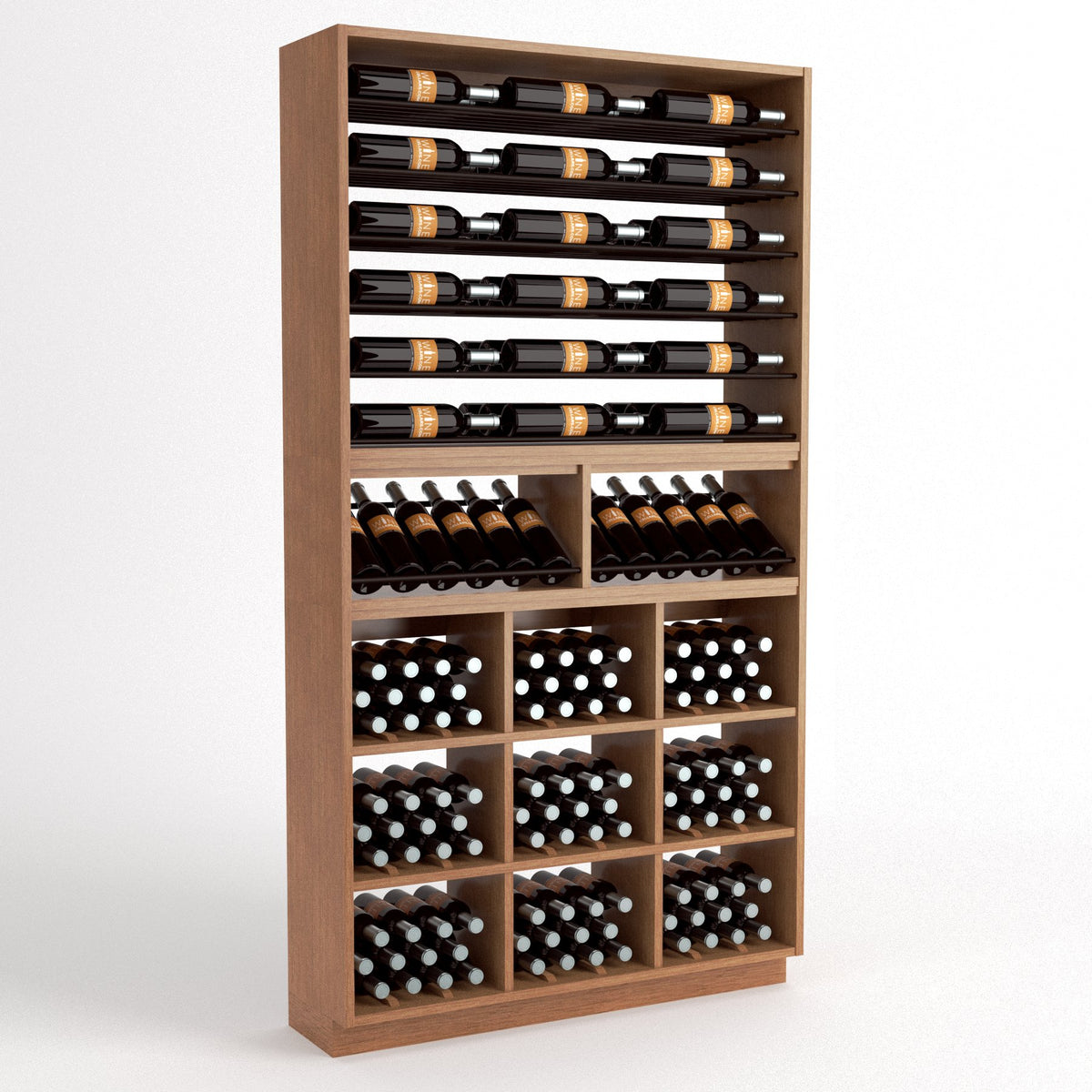Wood wine bottle display unit with top bottle rails, angled cradles, and cube wine compartments