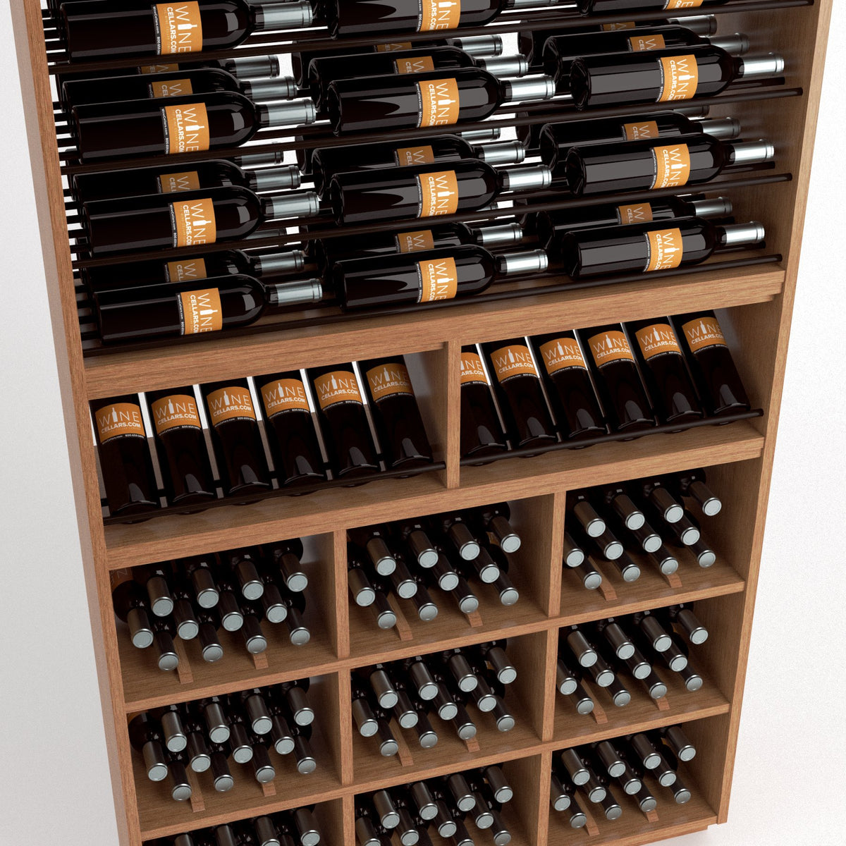 Wood wine rack with visible wine bottles in top rails, middle rows, and lower square bins