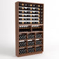 Wood wine display cabinet with bottle rails on top, angled holders, and grid of wine cubbies