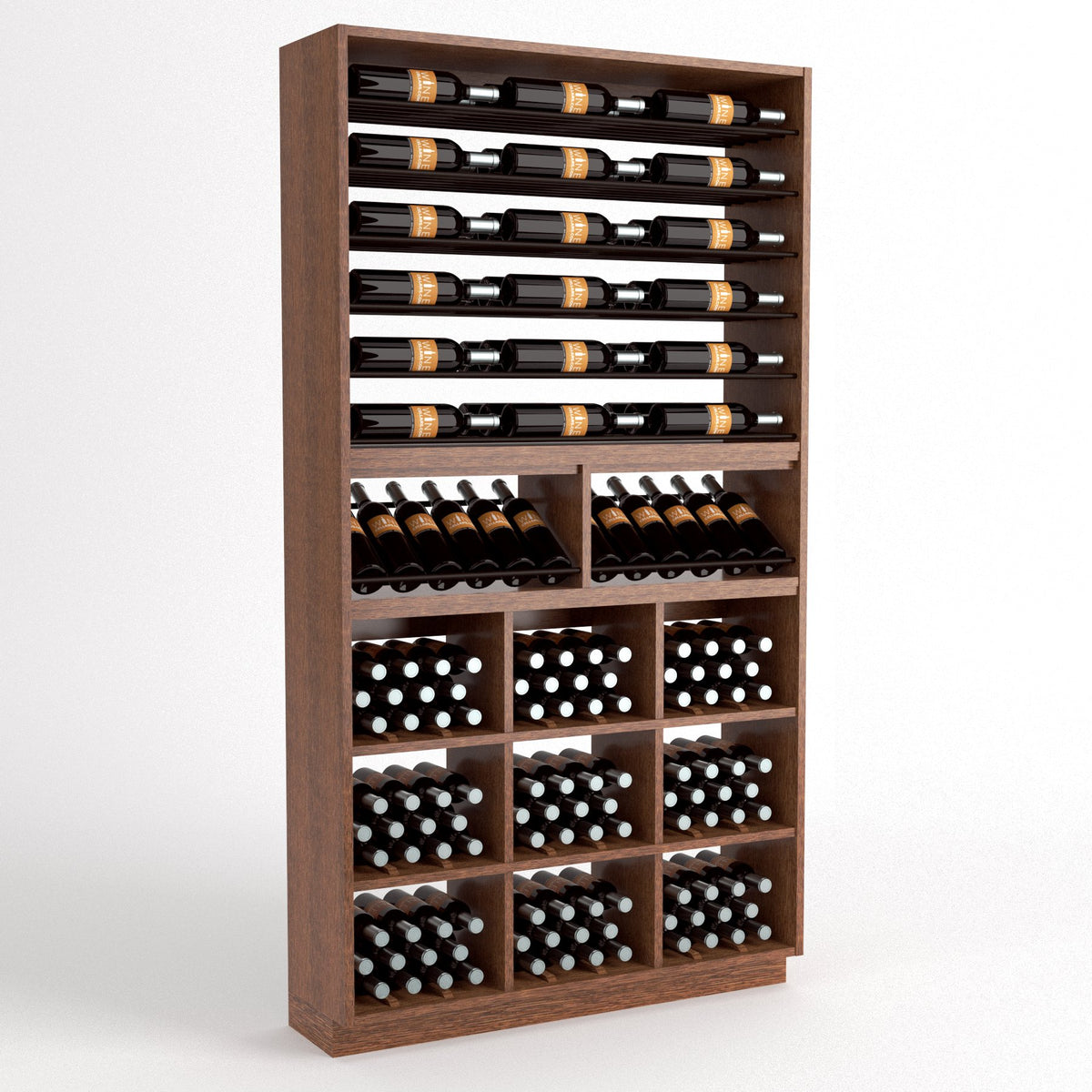 Wood wine display cabinet with bottle rails on top, angled holders, and grid of wine cubbies