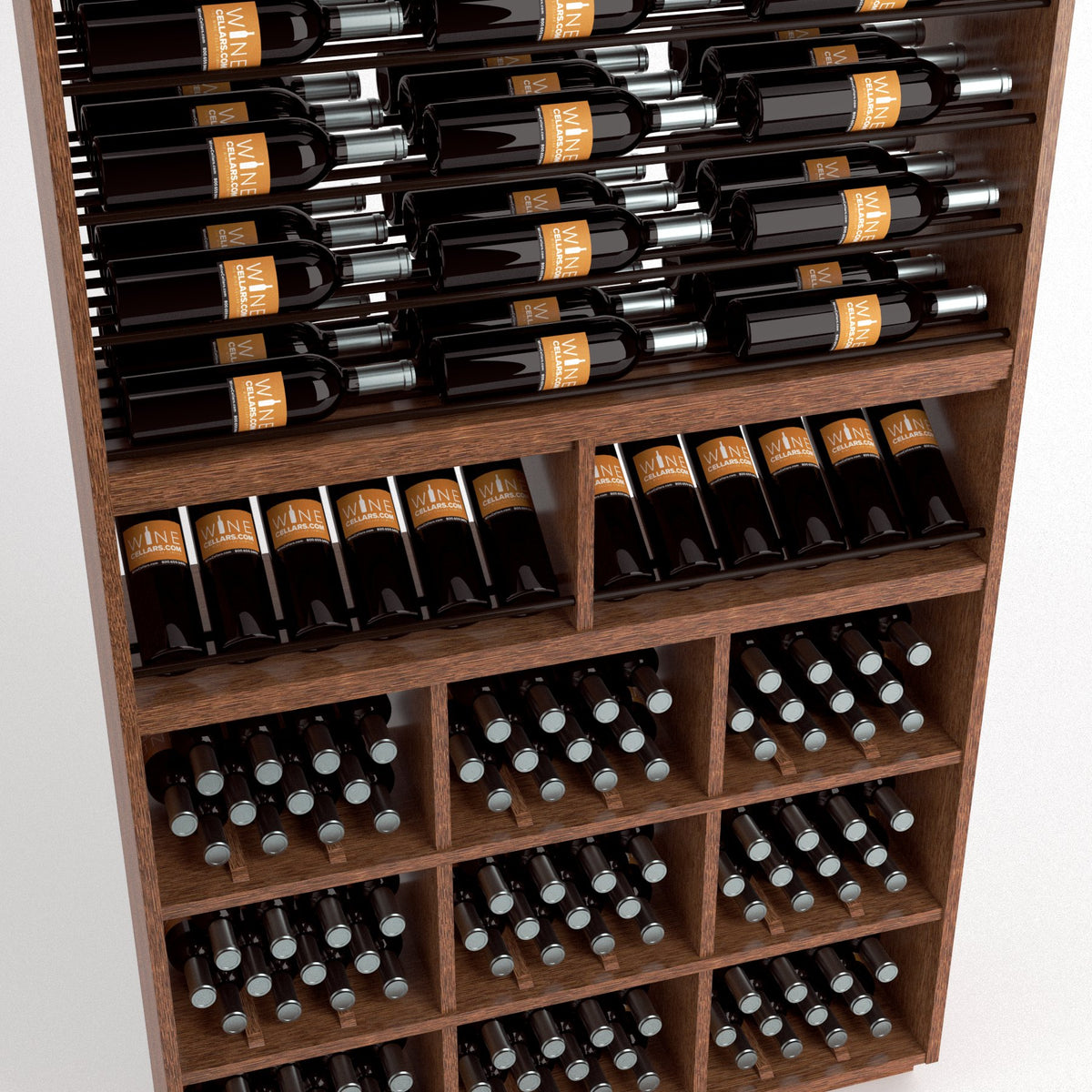 Wood wine rack close view with bottles on rails, shelf rows, and lower square bottle compartments