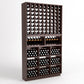 Dark wood wine bottle rack with grid display, cubbies, and stemware storage sections.