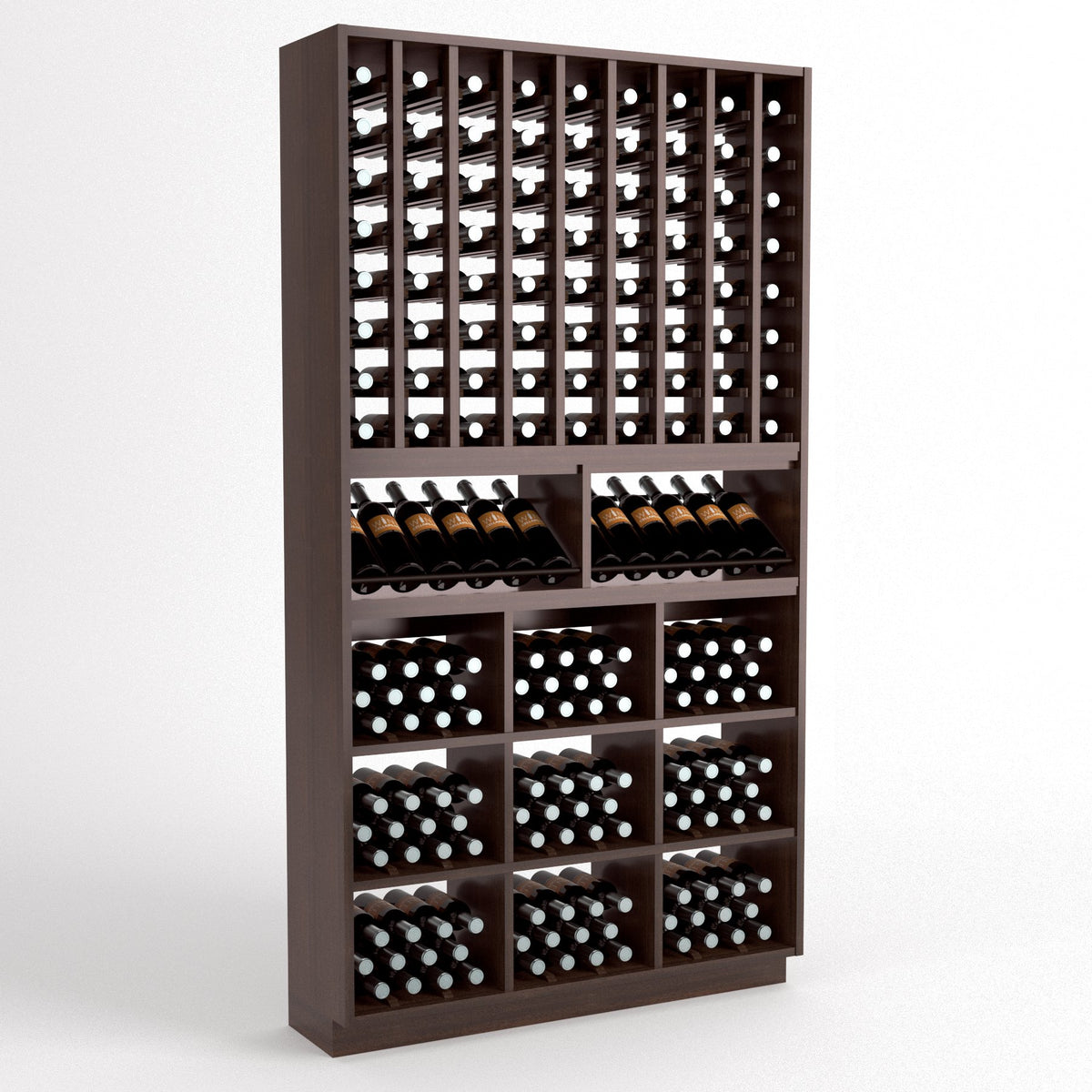 Dark wood wine bottle rack with grid display, cubbies, and stemware storage sections.