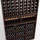 Wood wine bottle rack with angled holders, wine bottle cubbies, and bottle display shelves.
