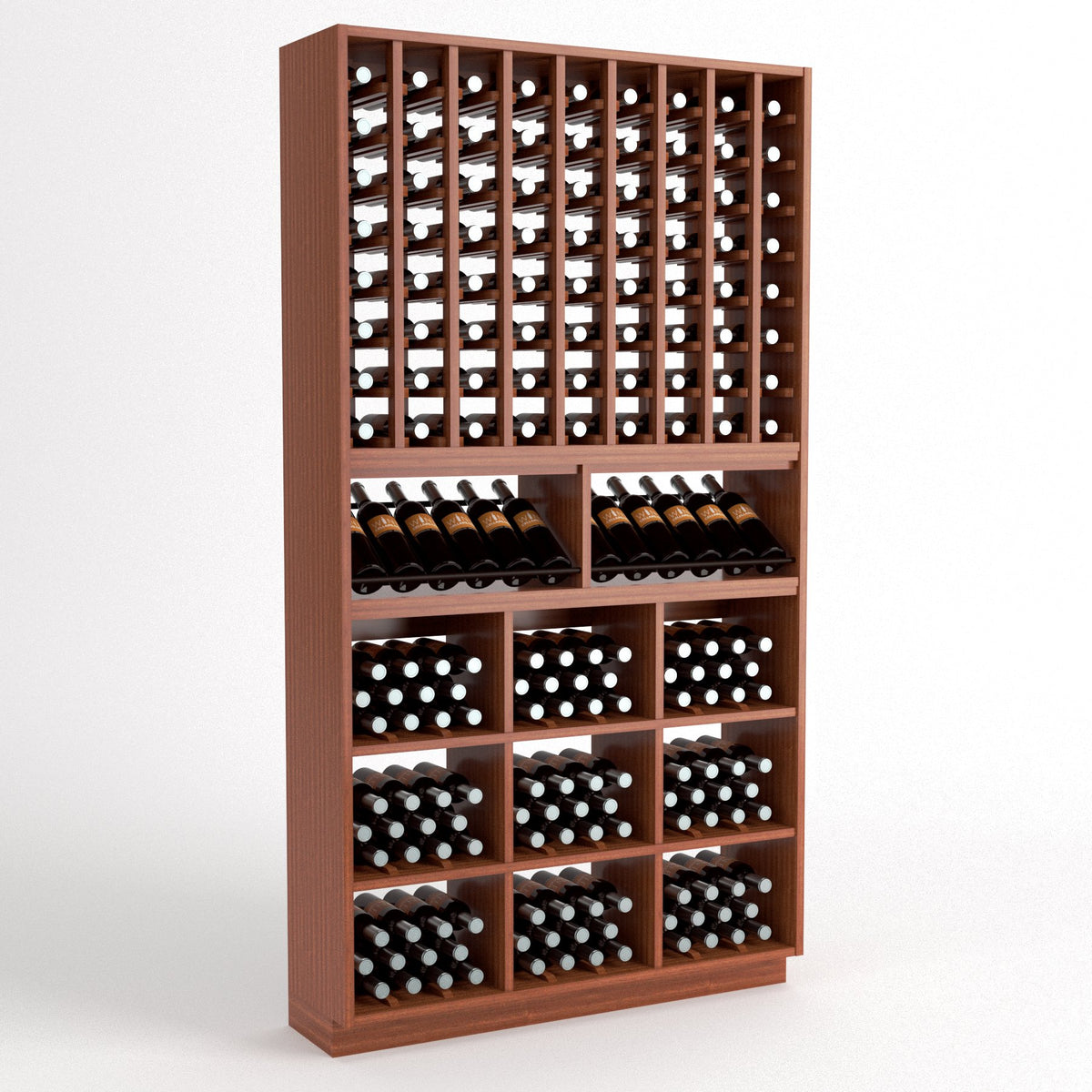 Dark wood wine rack with grid bottle storage, wine cubbies, and front row bottle holders.