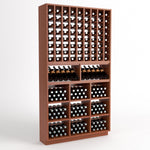 Dark wood wine rack with grid bottle storage, wine cubbies, and front row bottle holders.