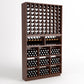 Dark wood 2-piece wine rack with bottle grid, cubbies, and front wine bottle cradles.