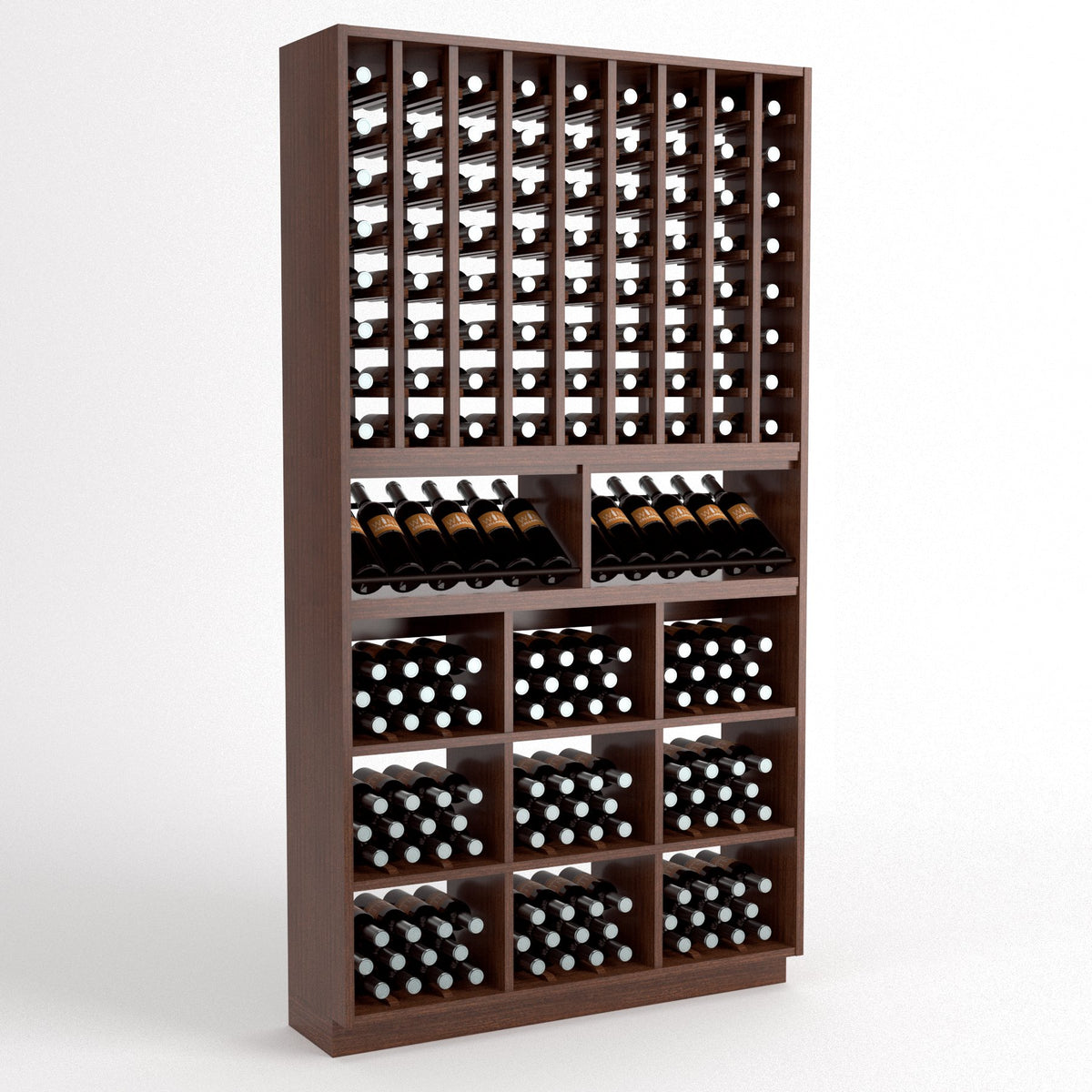 Dark wood 2-piece wine rack with bottle grid, cubbies, and front wine bottle cradles.