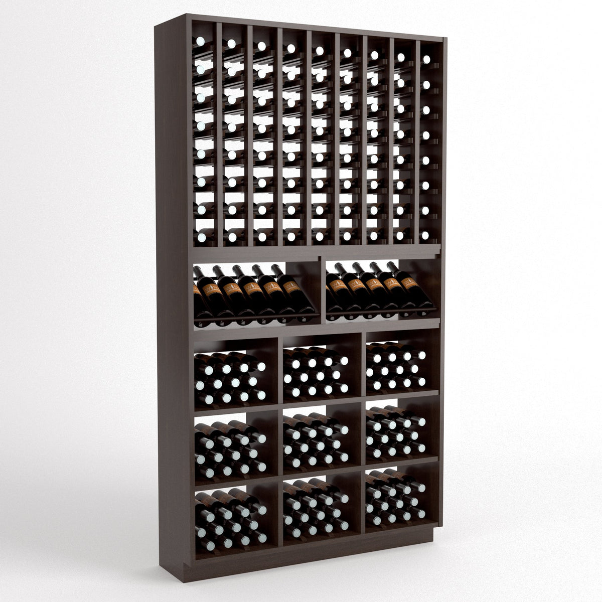 Dark wood wine cellar rack with bottle grid, cubby drawers, and rowed bottle holders.