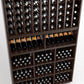 Wood wine storage display with diagonal bottle slots, wine cubbies, and stemware rack sections.