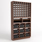 Dark wood wine bottle rack with front cradles, grid storage, and multiple cubby compartments.