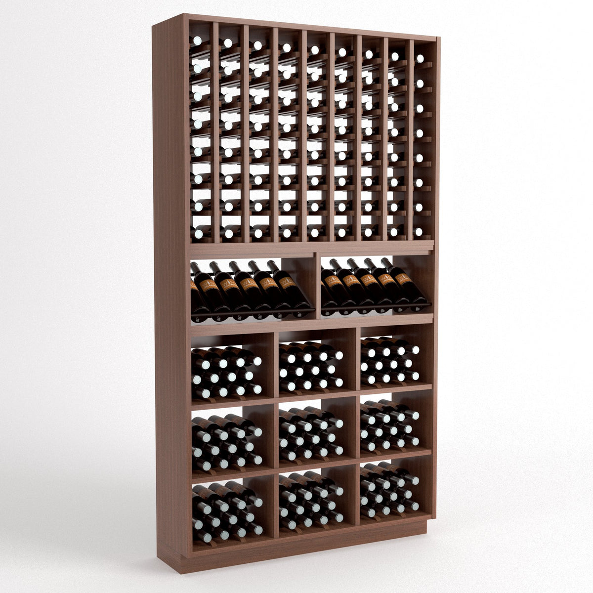 Dark wood wine bottle rack with front cradles, grid storage, and multiple cubby compartments.