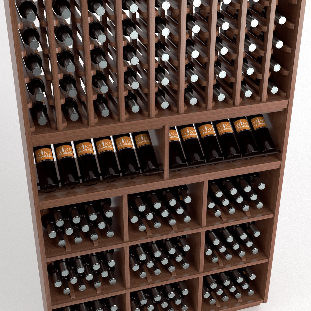 Wood wine rack detail with angled bottle holders, wine cubbies, and lower stemware compartments.