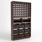 Dark wood wine rack with bottle cubbies, display bins, and front storage slots