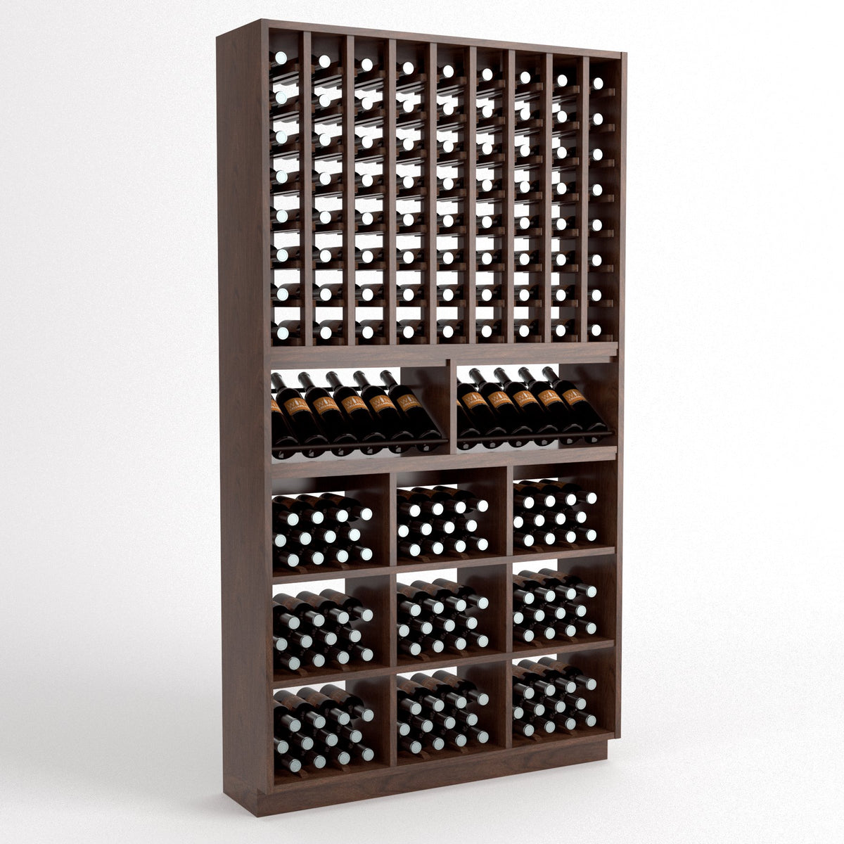 Dark wood wine rack with bottle cubbies, display bins, and front storage slots