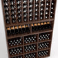 Wood wine rack with front display bins, angled bottle holders, and filled shelves