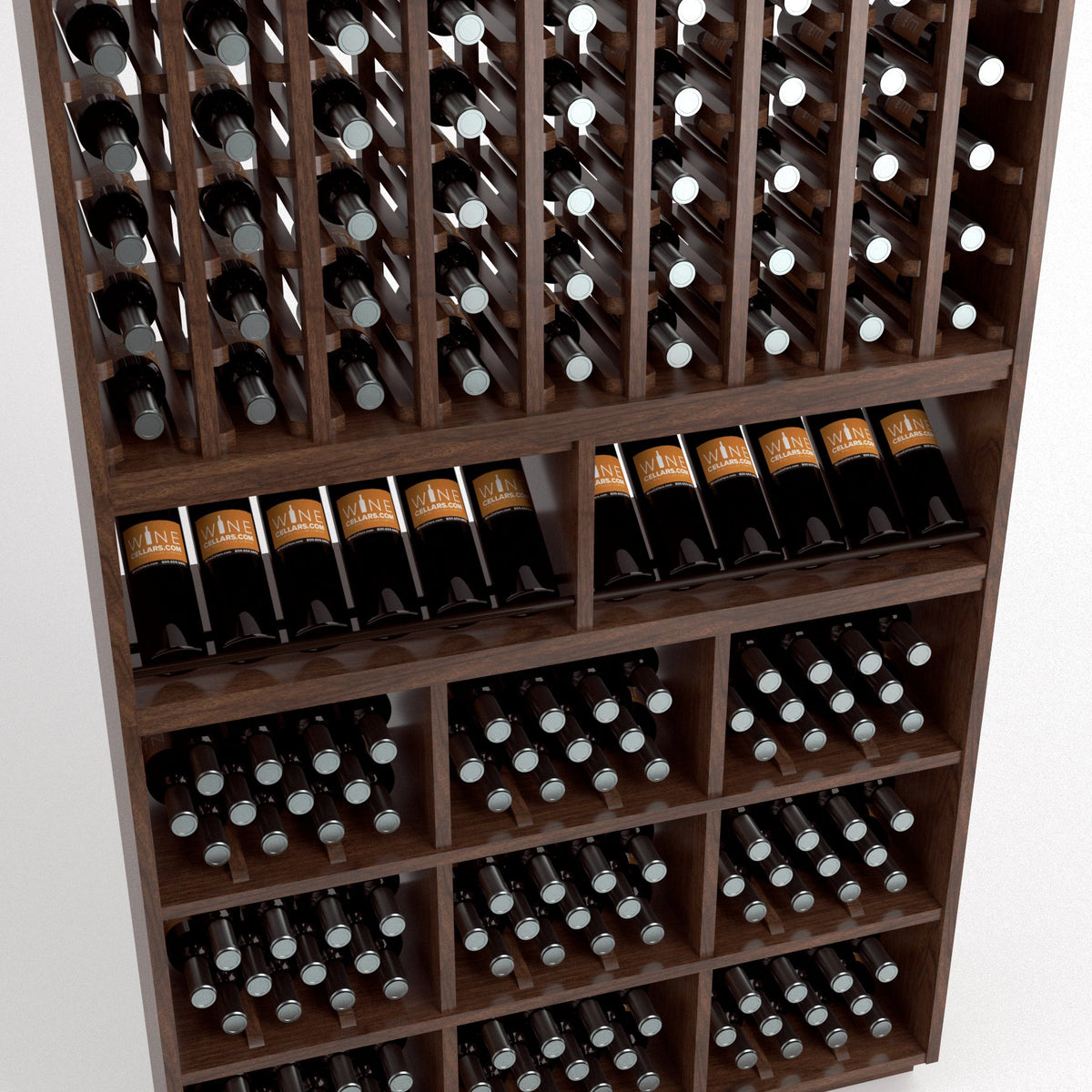 Wood wine rack with front display bins, angled bottle holders, and filled shelves