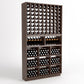 Dark wood wine rack with grid wine bottle storage, cubbies, and curved wine slots